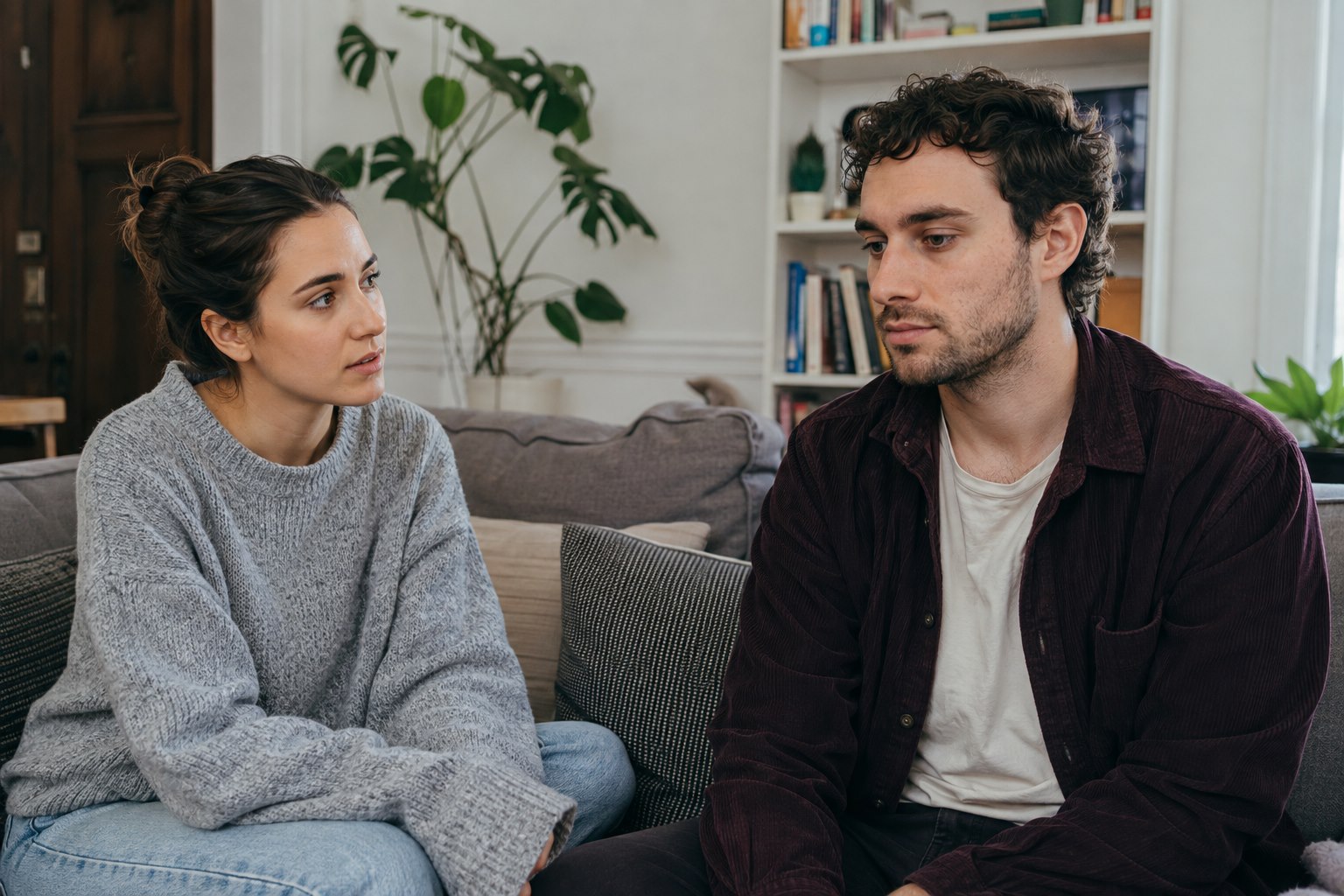 A mildly worried woman looking at a man whose expression is hard to read