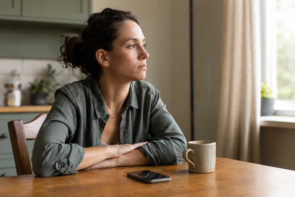 A thoughtful adult at a kitchen table looking toward a window, with a phone set aside