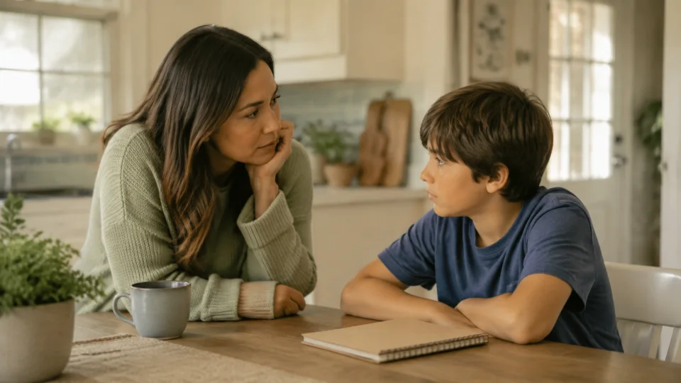 A parent listening closely to a school-age child at the kitchen table