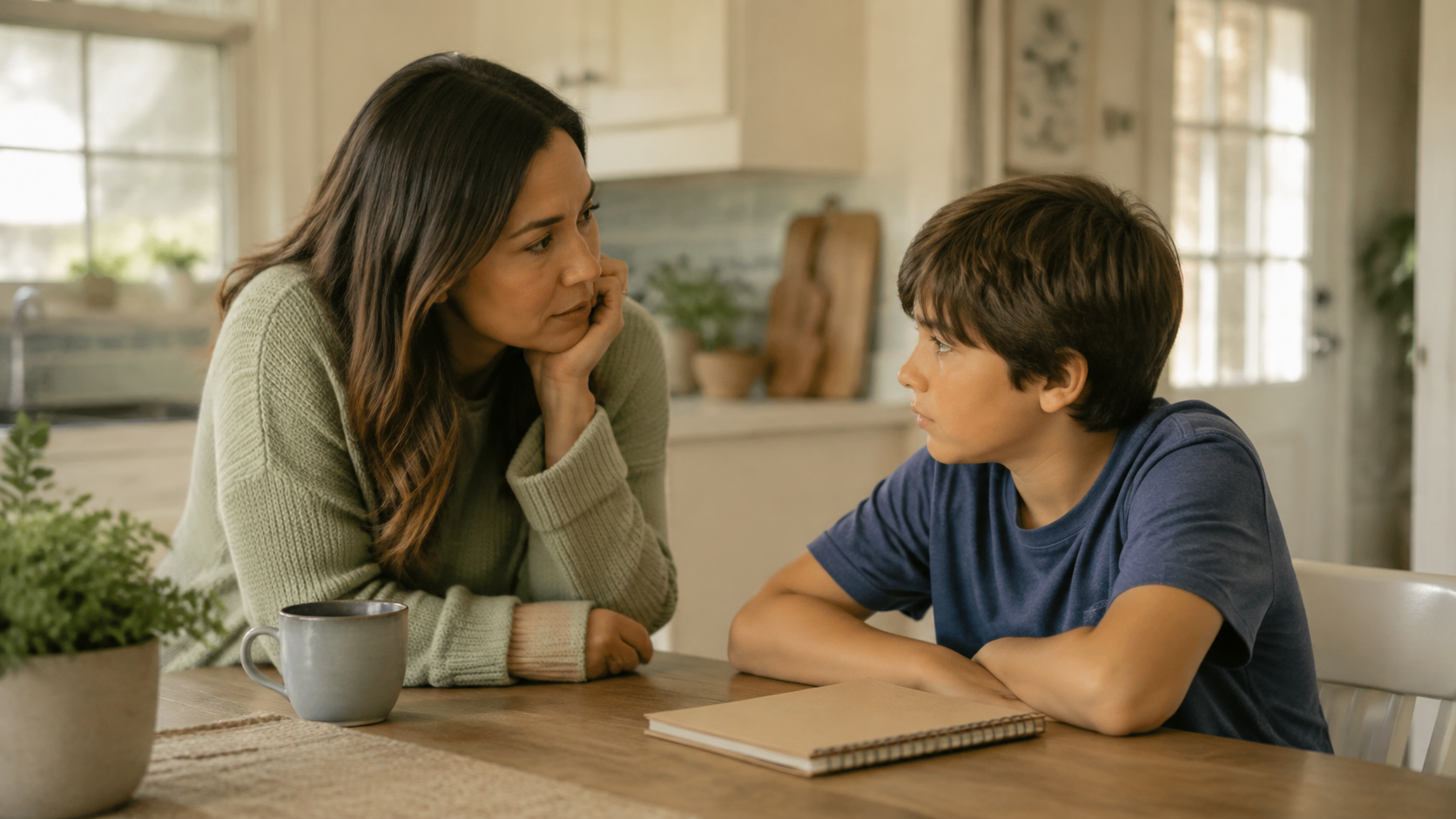 A parent listening closely to a school-age child at the kitchen table