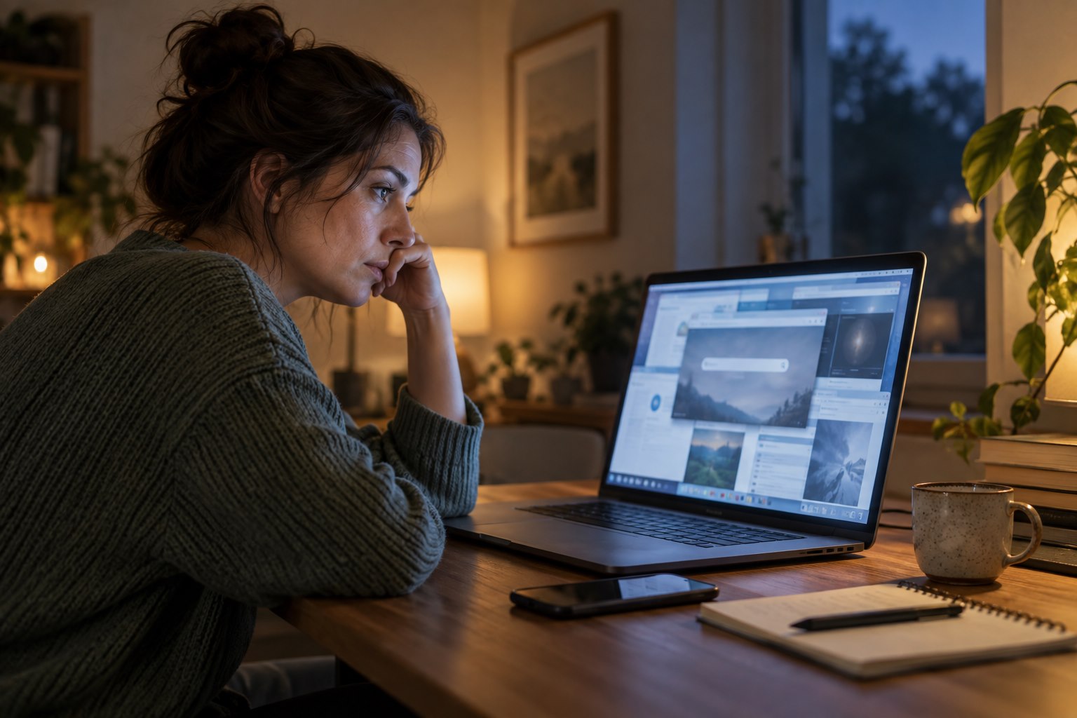 A thoughtful person searching existential questions online late in the day