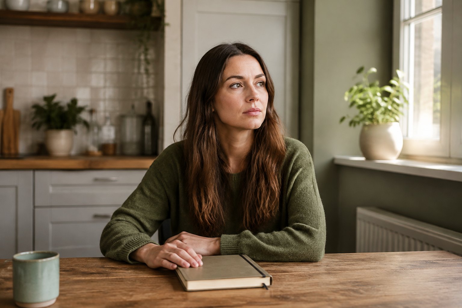 A thoughtful woman seated at a kitchen table beside a closed notebook