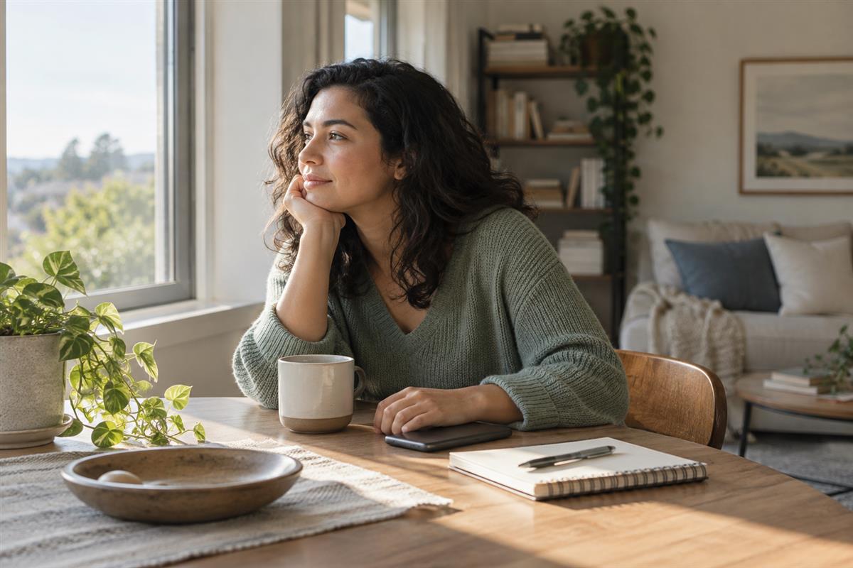 An adult pausing beside a phone while reflecting near a sunlit window