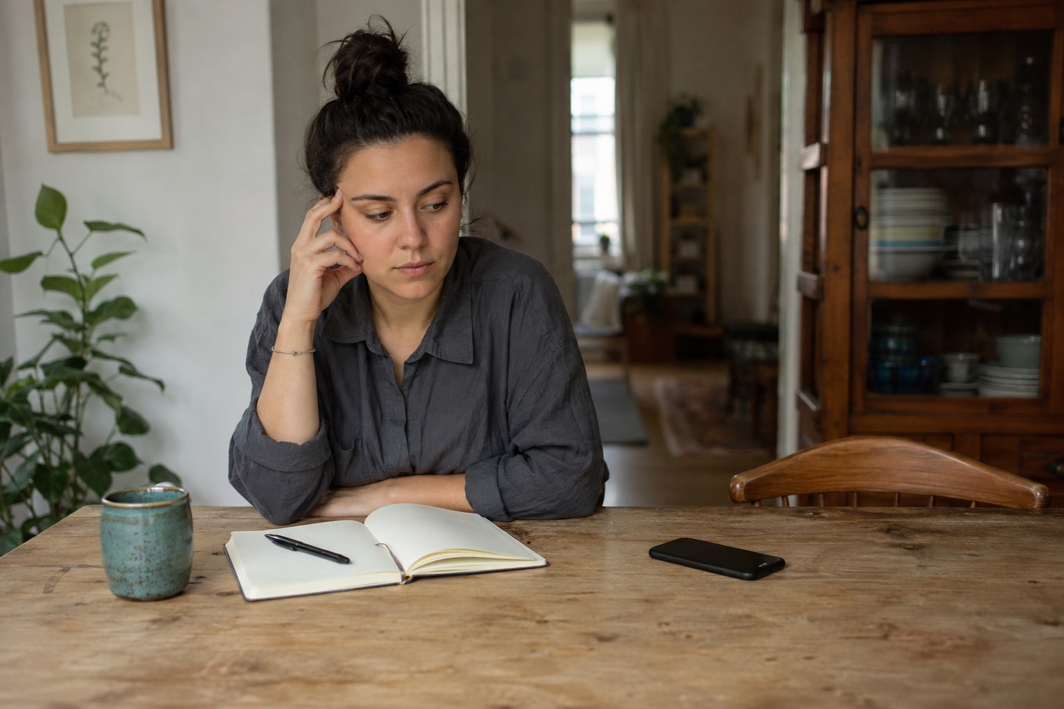 A woman pauses over an open notebook while her phone rests face down