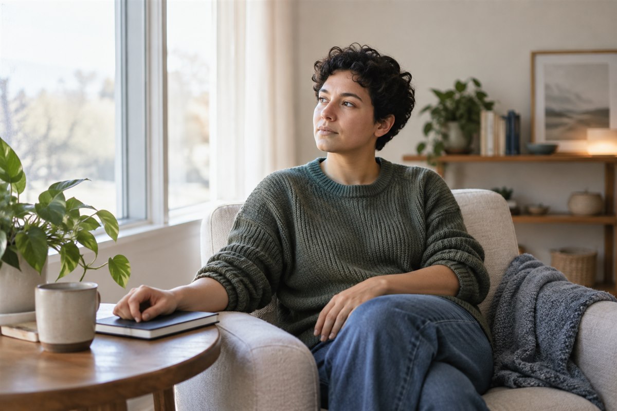 A thoughtful adult sitting near a window while allowing uncertainty to be present