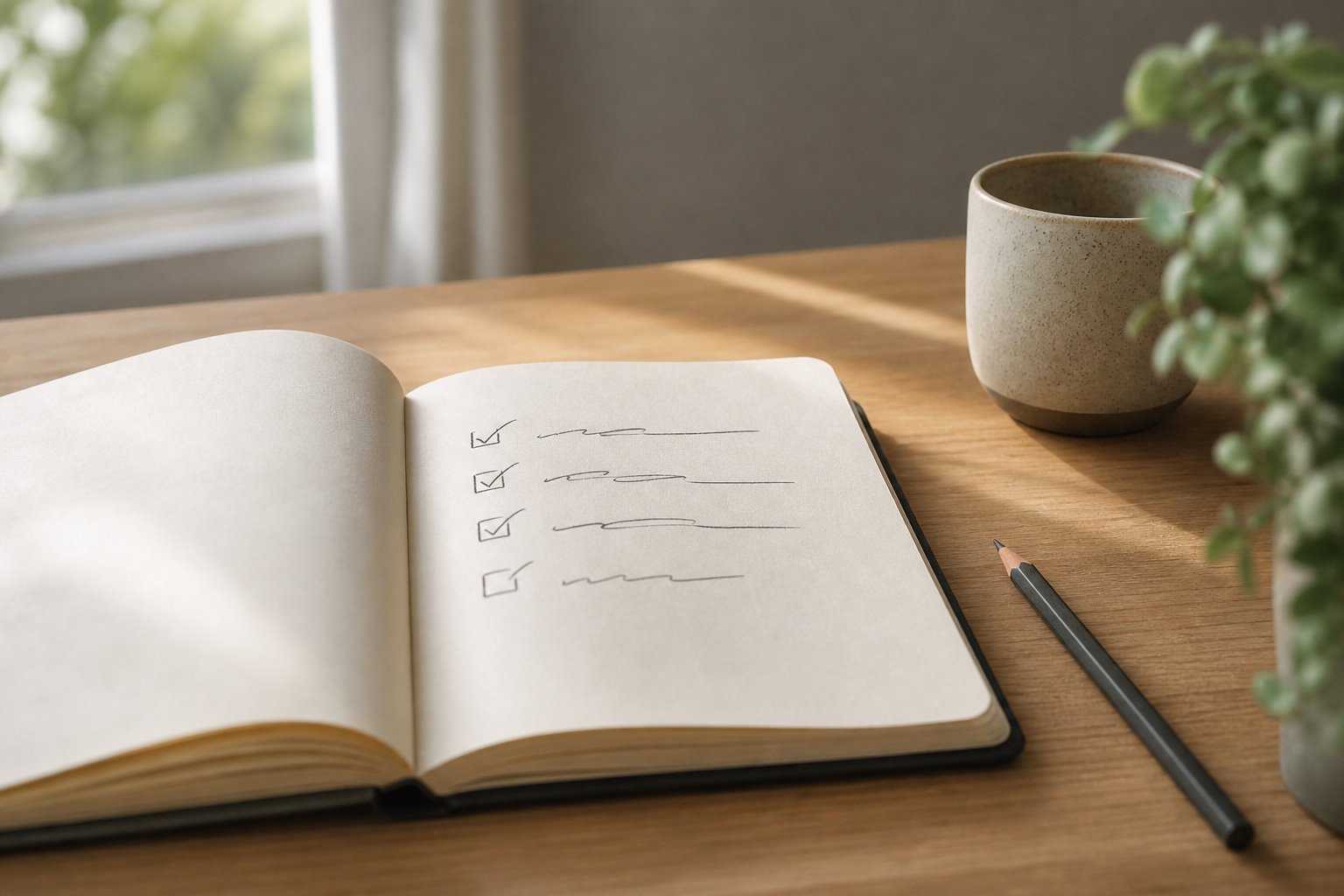 Open notebook with an imperfect exposure-practice checklist
