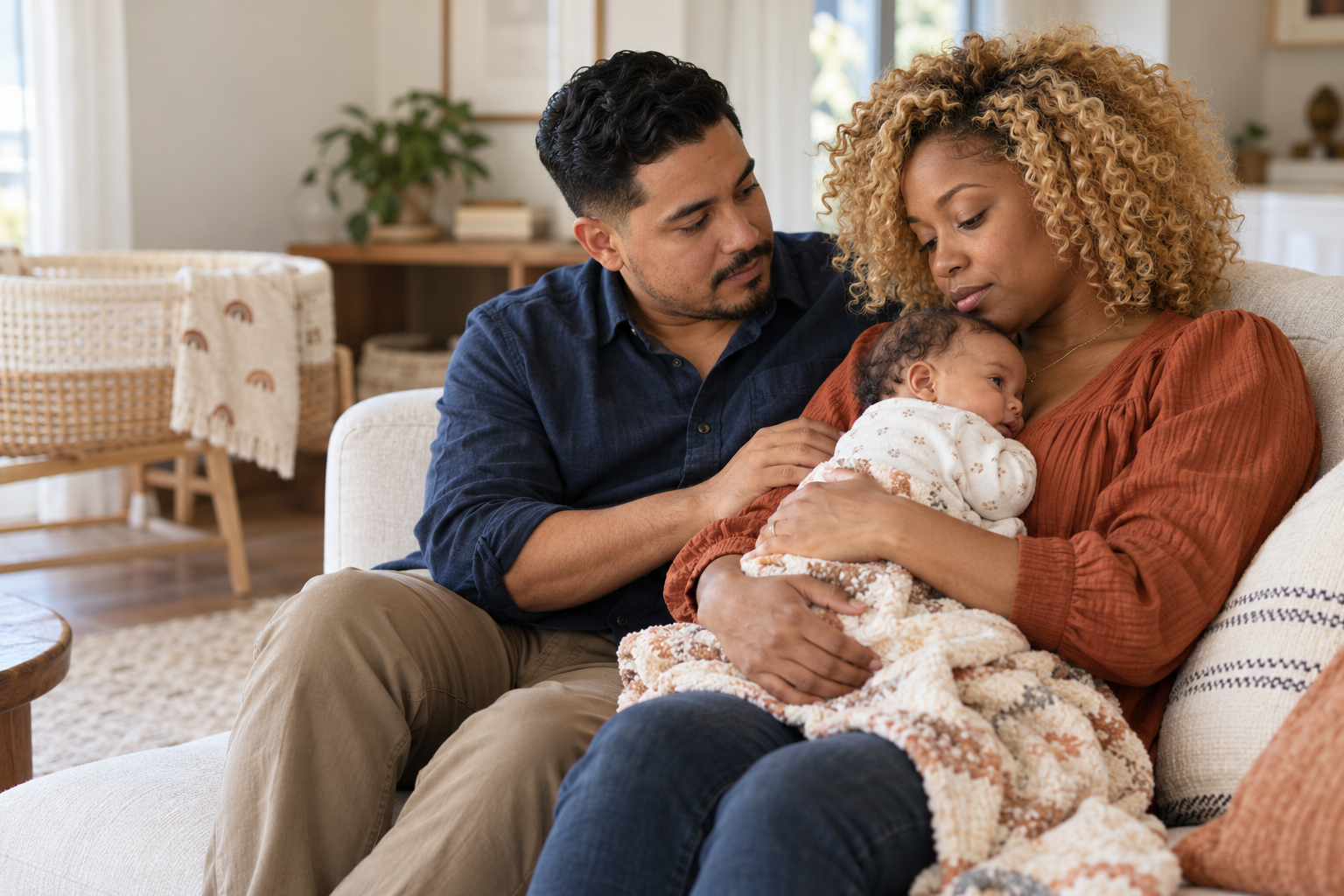 Two parents sitting together and caring for their infant at home