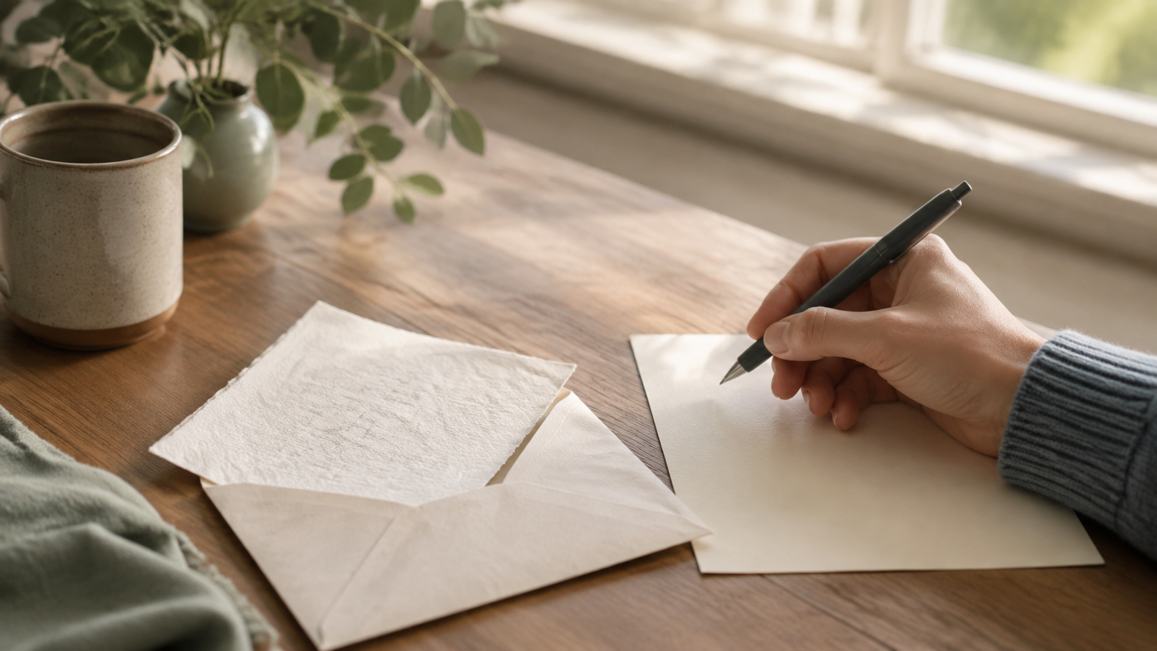 A hand paused above a private note beside an open envelope