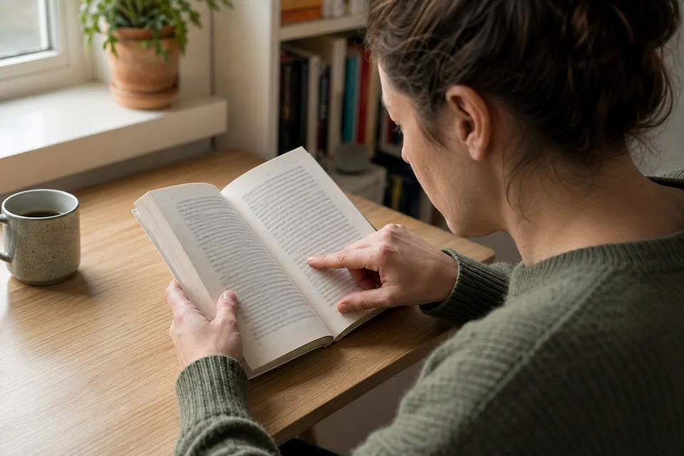 A reader tracing a line in an open book at a desk beside a window